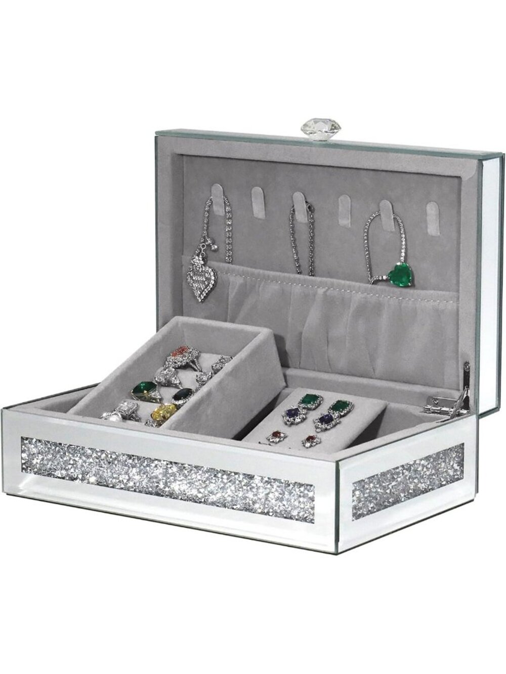 Glamorous Mirrored Jewelry Box with Lid, Crushed Diamond Organizer for Rings